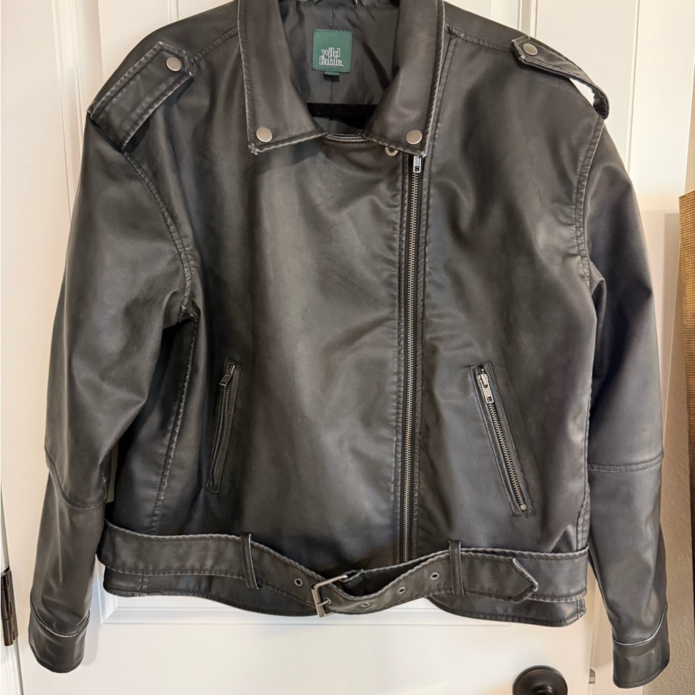 Women’s Black Faux Leather Biker Jacket with Belted Waist